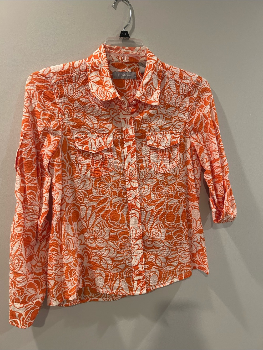 Liz Claiborne Orange and White Floral Button-Front Shirt